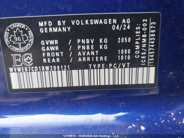 Aukcja sprzedaży 2024 Volkswagen Golf R, vin: WVWEB7CD1RW209121, numer aukcji: 12736919