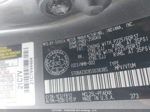 2005 Toyota Sienna Le მანქანა იყიდება აუქციონზე, vin: 5TDBA23C95S038385, აუქციონის ნომერი: 12737283