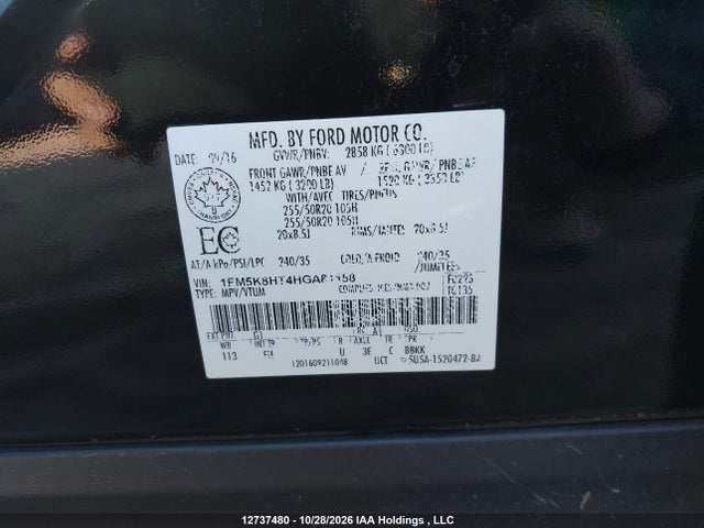 Aukcja sprzedaży 2017 Ford Explorer Platinum, vin: 1FM5K8HT4HGA81158, numer aukcji: 12737480