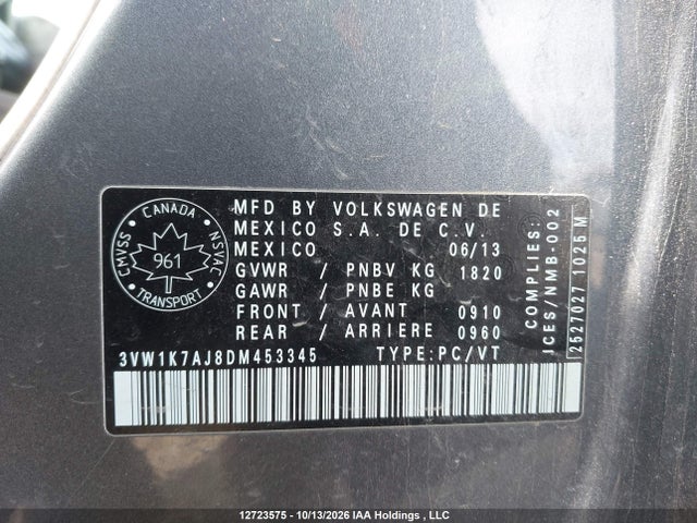 12723575 :رقم المزاد ، 3VW1K7AJ8DM453345 vin ، 2013 Volkswagen Jetta 2.0l Trendline/2.0l Trendline+ مزاد بيع