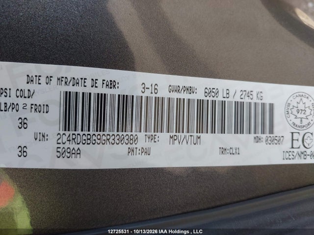 12725531 :رقم المزاد ، 2C4RDGBG9GR330380 vin ، 2016 Dodge Grand Caravan Se/sxt مزاد بيع