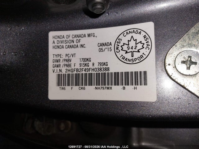 Honda Civic Lx 2015 2HGFB2F49FH038388 Image 9