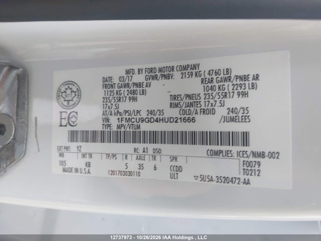 Ford ESCAPE SE 2017 1FMCU9GD4HUD21666 Image 9