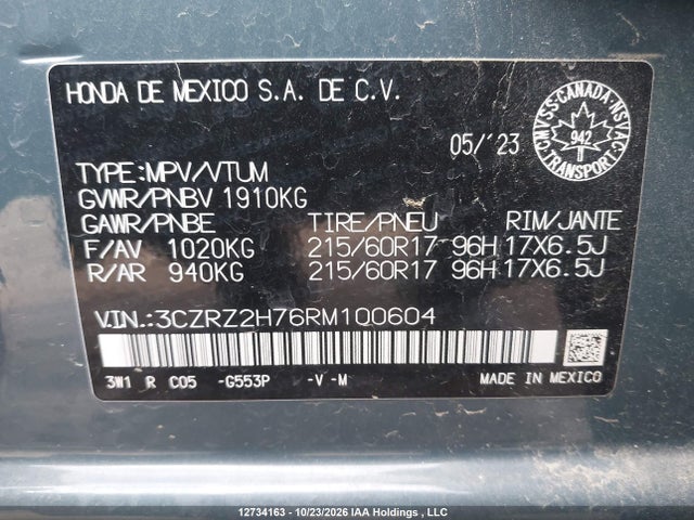 Продаж на аукціоні авто 2024 Honda Hr-v Ex-l Navi, vin: 3CZRZ2H76RM100604, номер лоту: 12734163