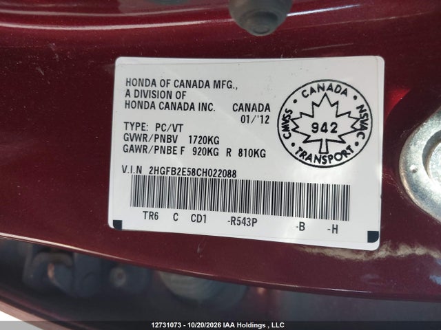 Aukcja sprzedaży 2012 Honda Civic Ex, vin: 2HGFB2E58CH022088, numer aukcji: 12731073
