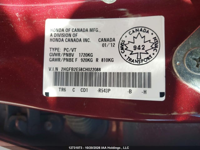 Aukcja sprzedaży 2012 Honda Civic Ex, vin: 2HGFB2E58CH022088, numer aukcji: 12731073