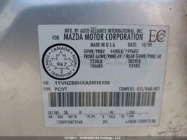 Продажа на аукционе авто 2010 Mazda Mazda6 Gs-i4, vin: 1YVHZ8BHXA5M16159, номер лота: 12738811