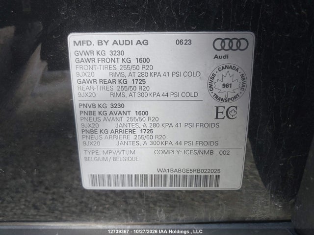 Auction sale of the 2024 Audi Q8 E-tron Sportback Premium, vin: WA1BABGE5RB022025, lot number: 12739367