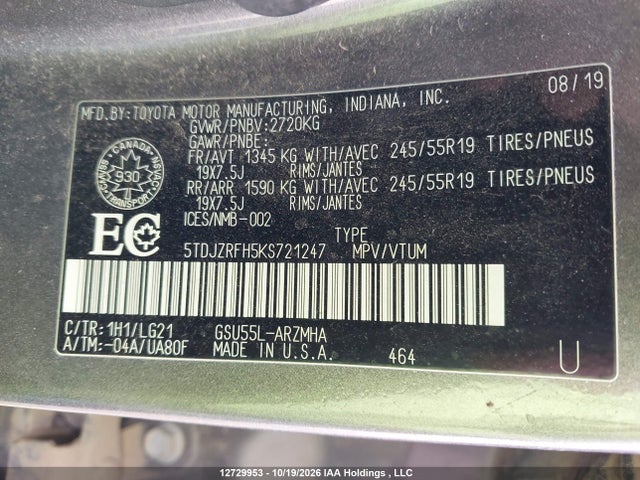 Toyota Highlander Xle 2019 5TDJZRFH5KS721247 Image 18