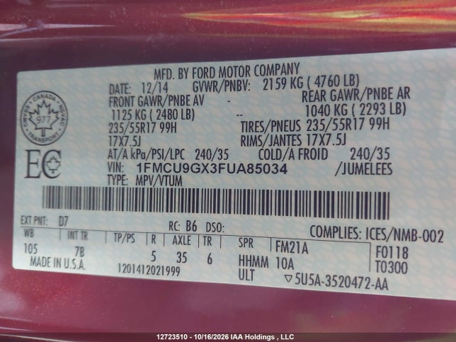 Ford ESCAPE SE 2015 1FMCU9GX3FUA85034 Image 19