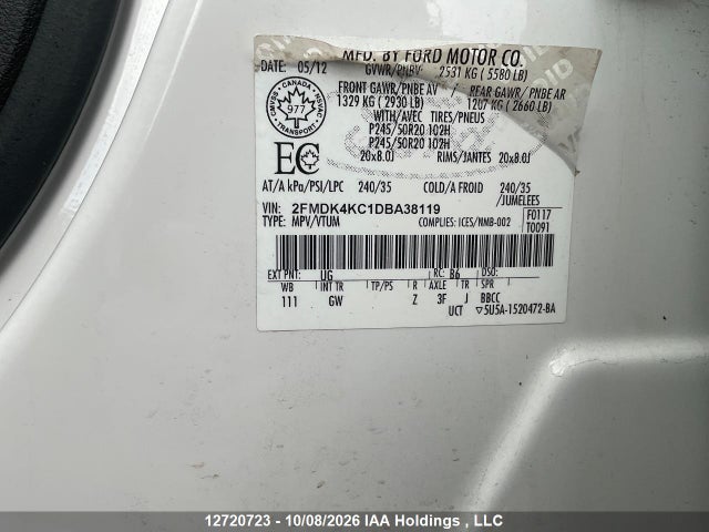 12720723 :رقم المزاد ، 2FMDK4KC1DBA38119 vin ، 2013 Ford Edge Limited مزاد بيع