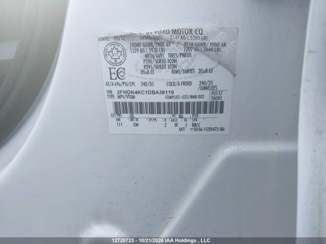 12720723 :رقم المزاد ، 2FMDK4KC1DBA38119 vin ، 2013 Ford Edge Limited مزاد بيع