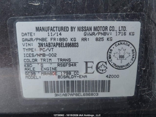 3N1AB7AP8EL696803 Nissan Sentra 1.8 S/1.8 Sl/1.8 Sr/1.8 Sv