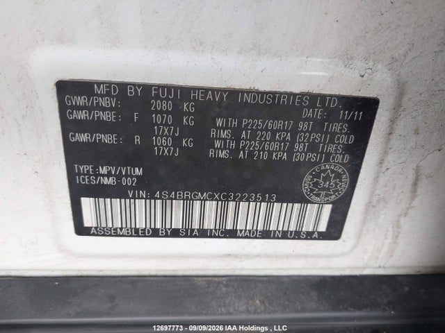 Auction sale of the 2012 Subaru Outback 2.5i Limited, vin: 4S4BRGMCXC3223513, lot number: 12697773