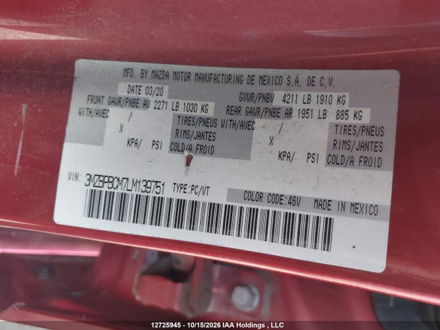 12725945 :رقم المزاد ، 3MZBPBCM7LM139751 vin ، 2020 Mazda Mazda3 Gs مزاد بيع