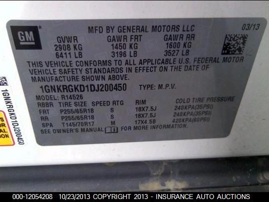 2013 CHEVROLET TRAVERSE LT 1GNKRGKD1DJ200450
