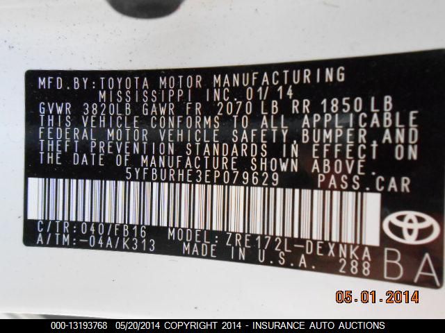 2014 TOYOTA COROLLA COR L/LE/LEPL/PR/S/SPL/PR 5YFBURHE3EP079629