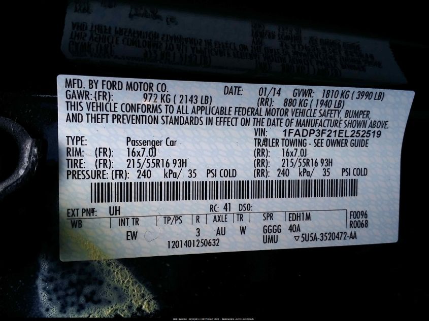 2014 FORD FOCUS SE 1FADP3F21EL252519