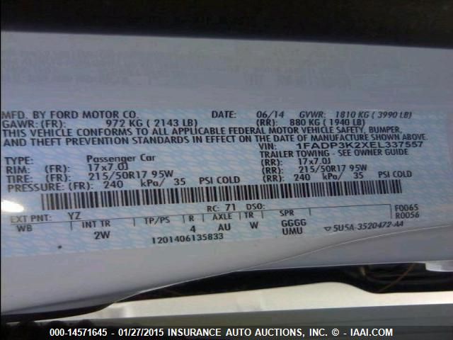 2014 FORD FOCUS SE 1FADP3K2XEL337557