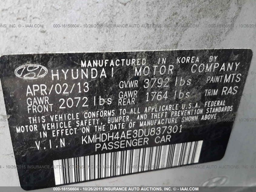 2013 HYUNDAI ELANTRA GLS KMHDH4AE3DU837301