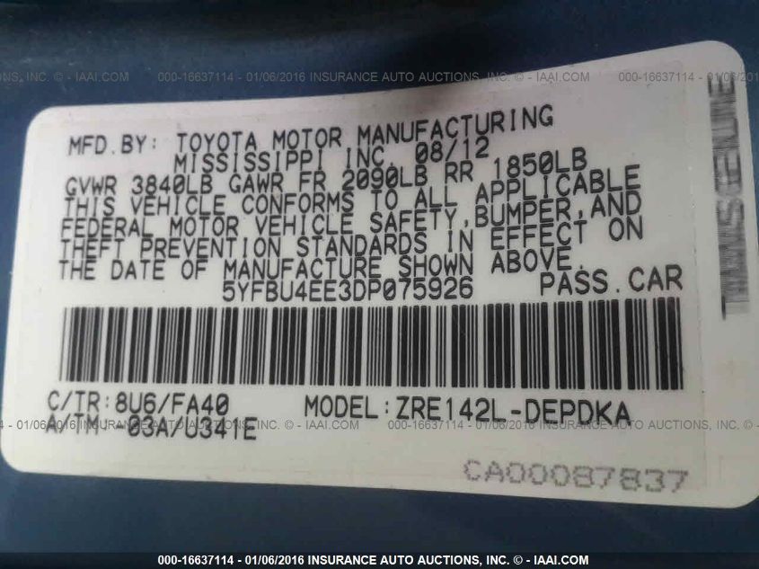 2013 TOYOTA COROLLA S/LE 5YFBU4EE3DP075926