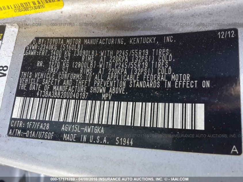 2013 TOYOTA VENZA LE 4T3BA3BB2DU040197