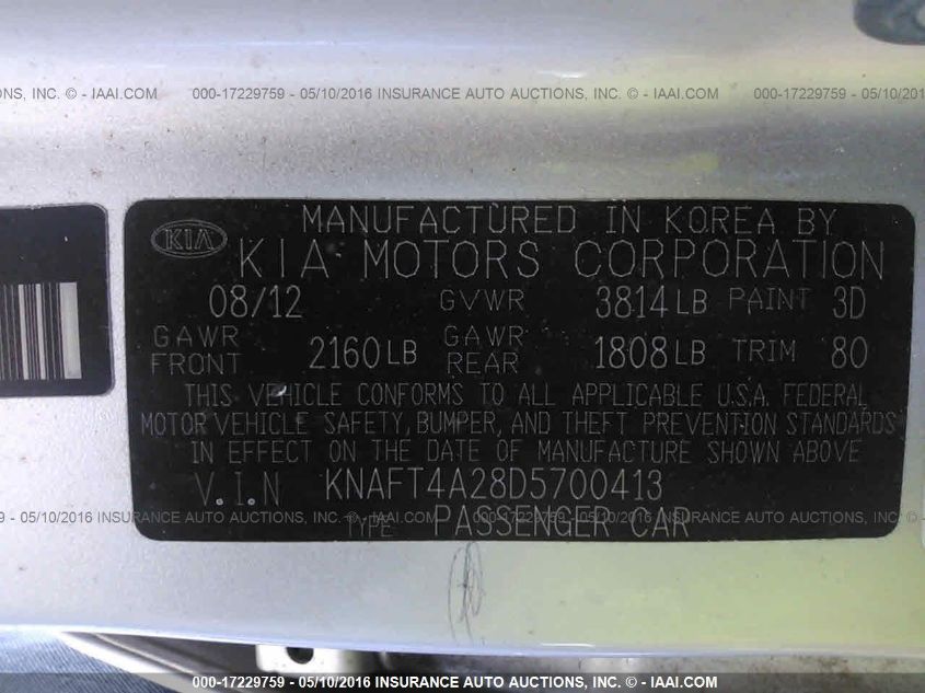2013 KIA FORTE LX KNAFT4A28D5700413