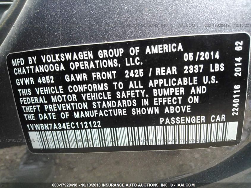 2014 VOLKSWAGEN PASSAT SE 1VWBN7A34EC112122