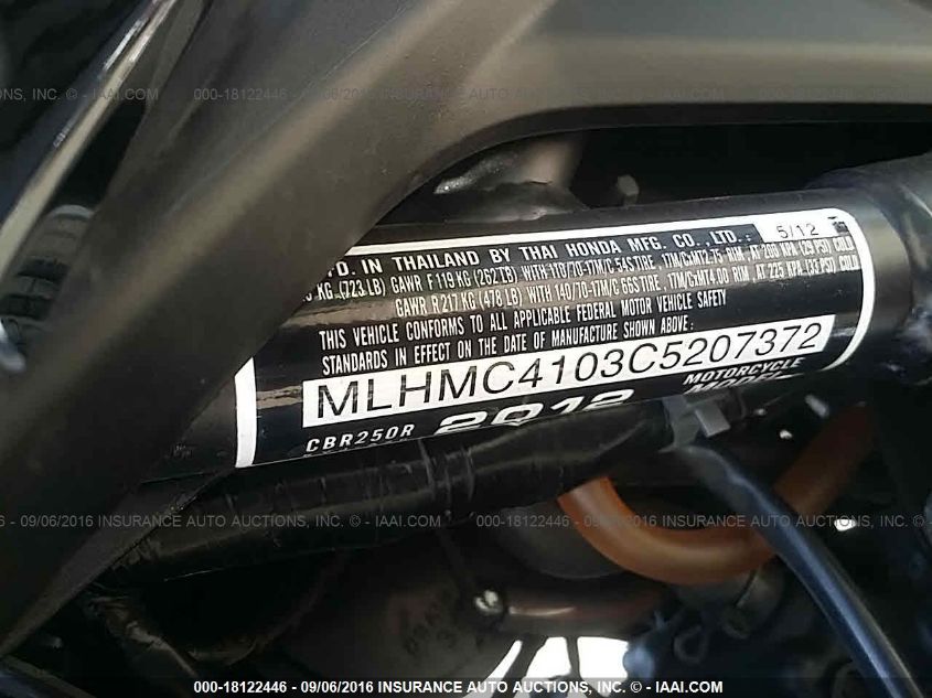 2012 HONDA CBR250 R MLHMC4103C5207372