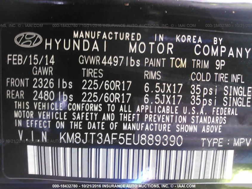 2014 HYUNDAI TUCSON GL KM8JT3AF5EU889390