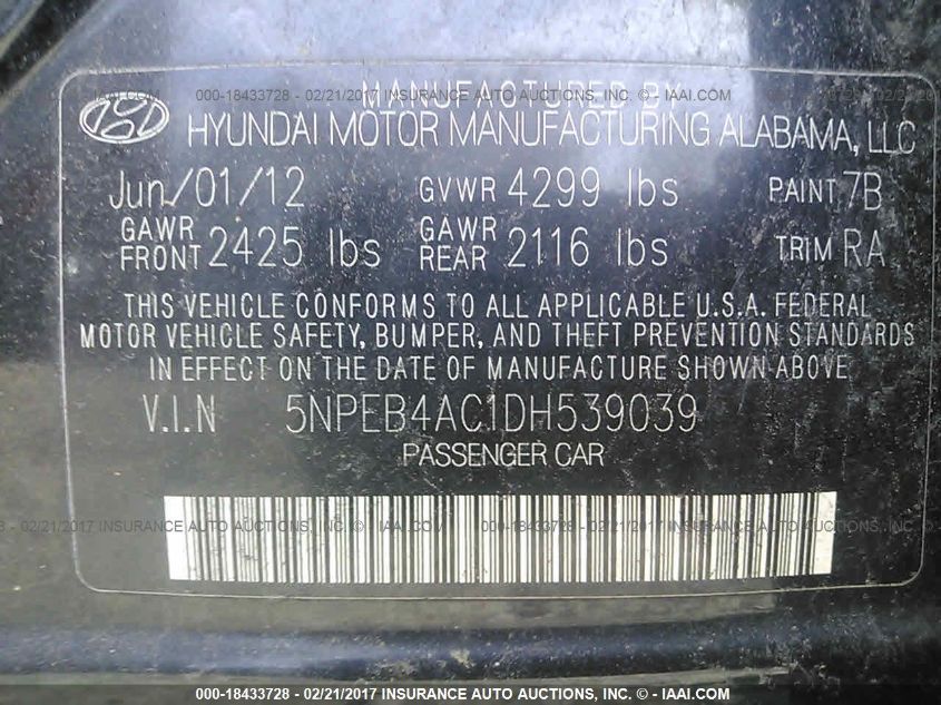 2013 HYUNDAI SONATA GLS 5NPEB4AC1DH539039