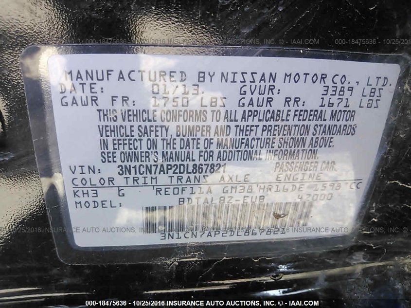 2013 NISSAN VERSA SV 3N1CN7AP2DL867821