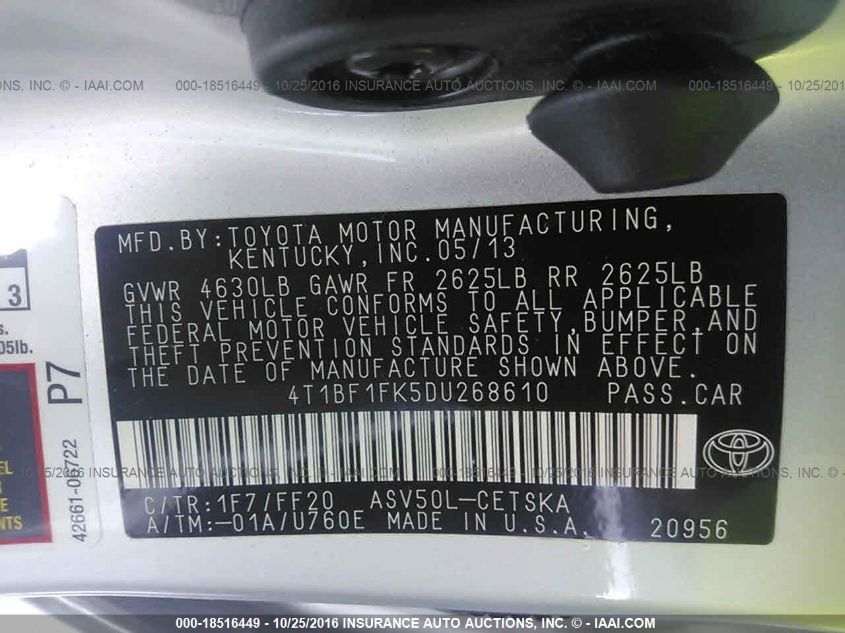 2013 TOYOTA CAMRY L/LE/SE/XLE 4T1BF1FK5DU268610