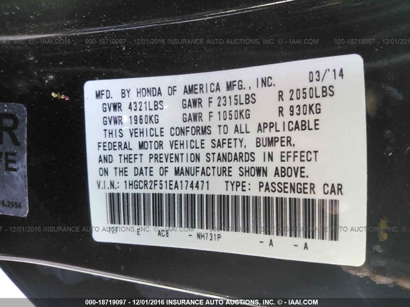 2014 HONDA ACCORD SPORT 1HGCR2F51EA174471