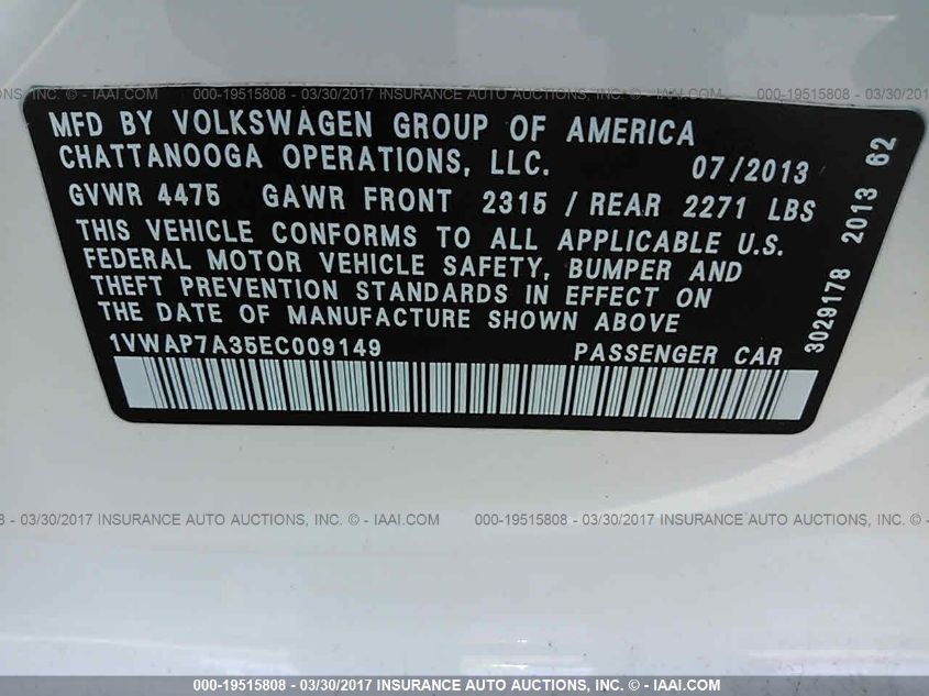 2014 VOLKSWAGEN PASSAT 2.5L S 1VWAP7A35EC009149