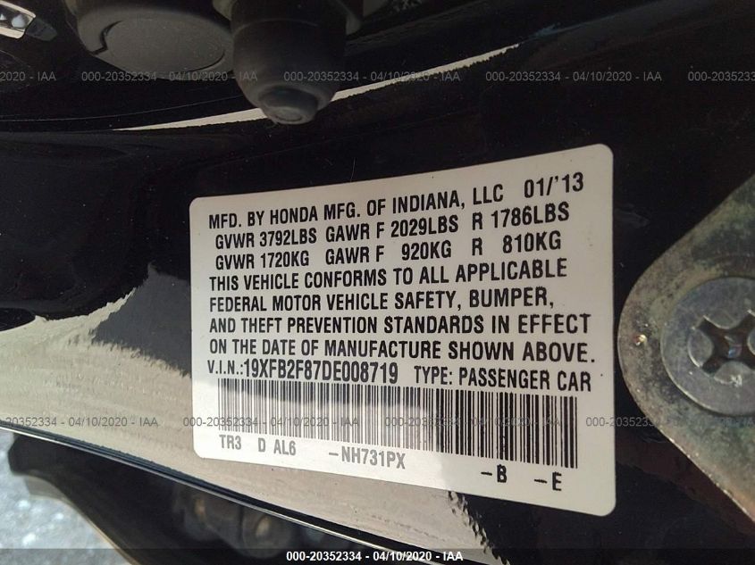 2013 HONDA CIVIC SDN EX 19XFB2F87DE008719