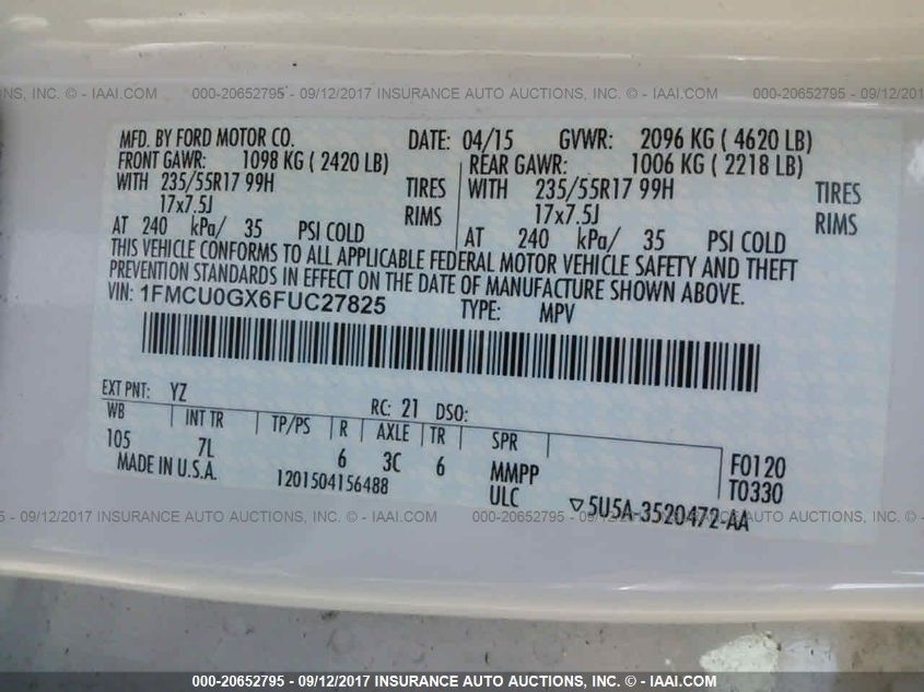 2015 FORD ESCAPE SE 1FMCU0GX6FUC27825