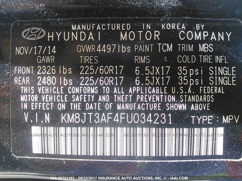 2015 HYUNDAI TUCSON GLS KM8JT3AF4FU034231