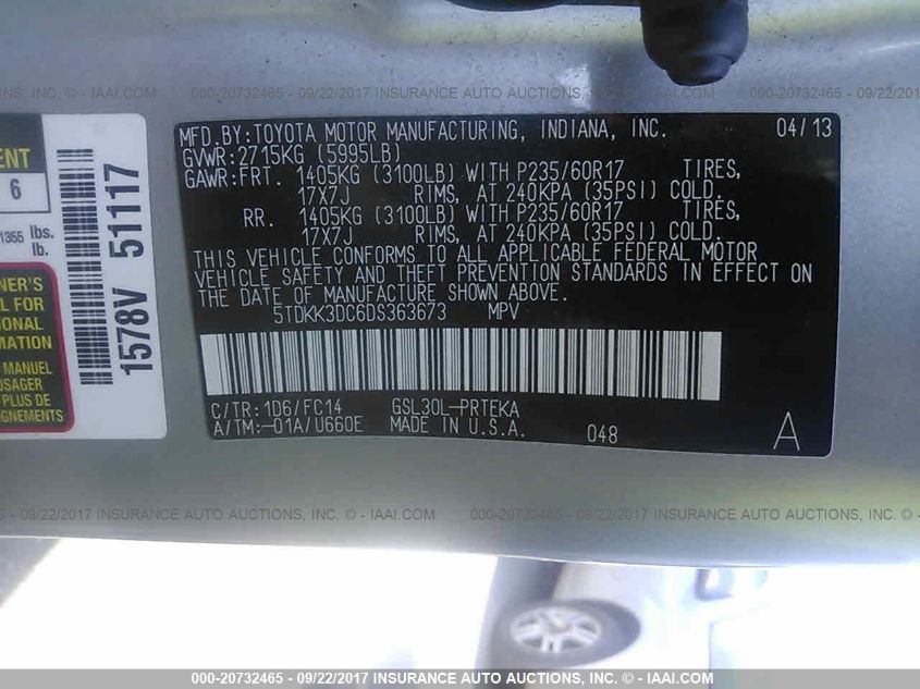 2013 TOYOTA SIENNA LE 5TDKK3DC6DS363673