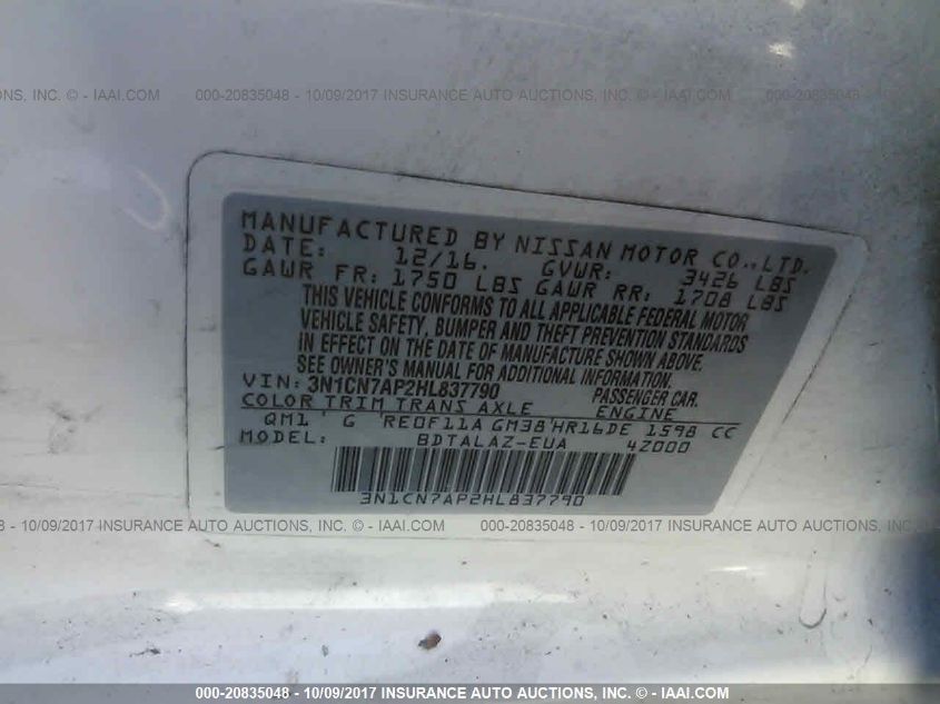 2017 NISSAN VERSA 1.6 S+ 3N1CN7AP2HL837790