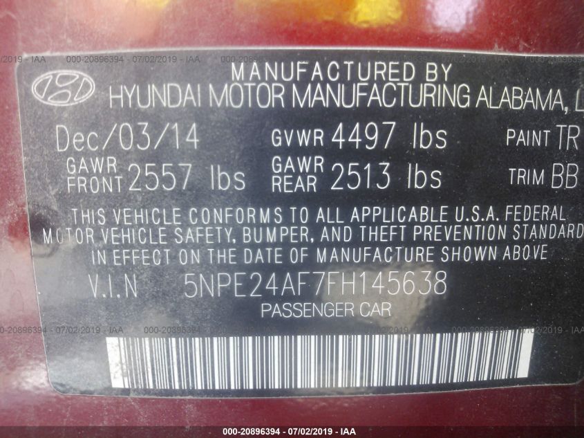 2015 HYUNDAI SONATA 2.4L SE 5NPE24AF7FH145638