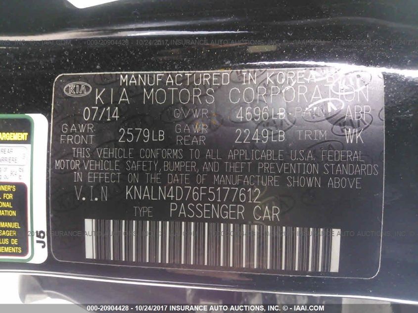 2015 KIA CADENZA PREMIUM KNALN4D76F5177612