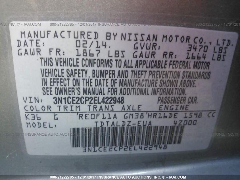 2014 NISSAN VERSA NOTE SV 3N1CE2CP2EL422948