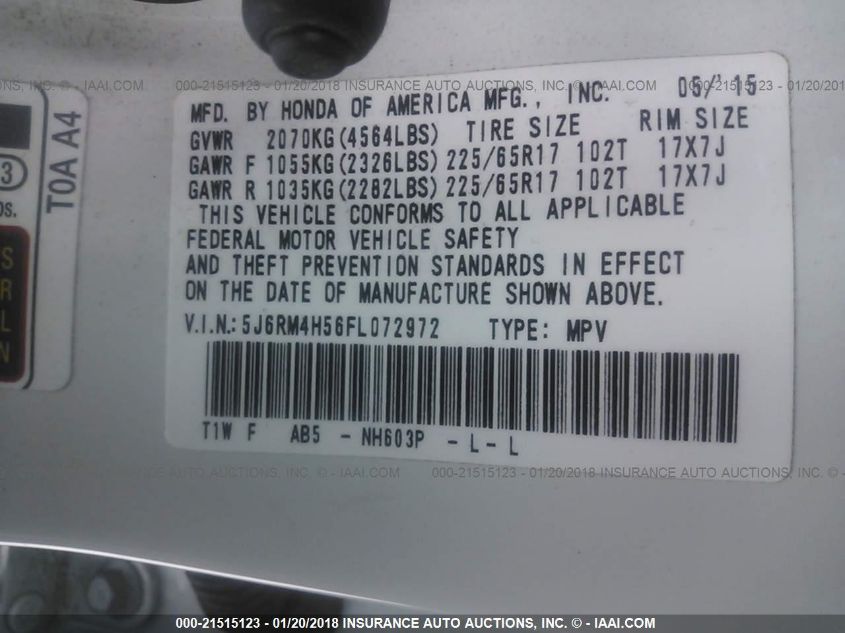 2015 HONDA CR-V EX 5J6RM4H56FL072972