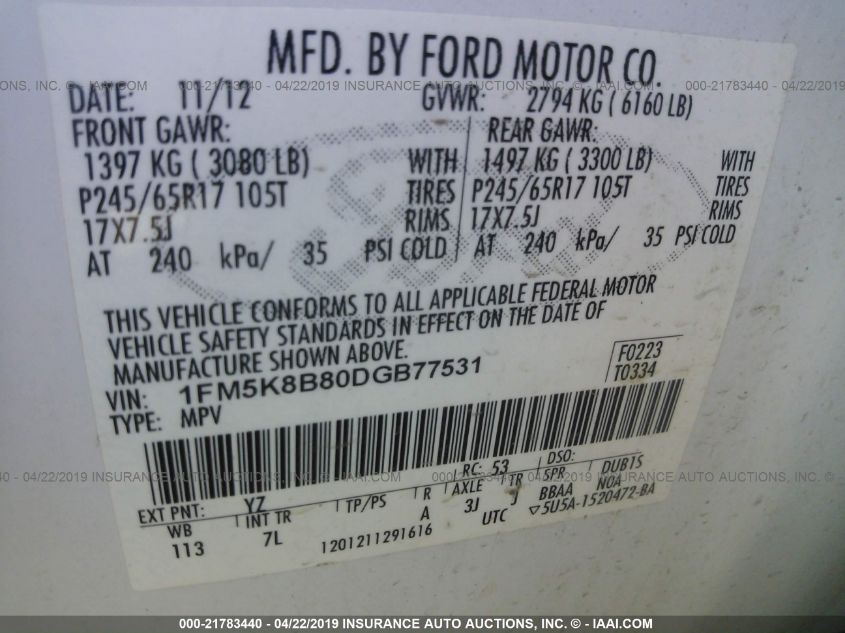 2013 FORD EXPLORER 1FM5K8B80DGB77531