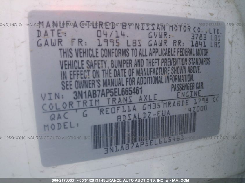 2014 NISSAN SENTRA S/SV/SR/SL 3N1AB7AP5EL665461