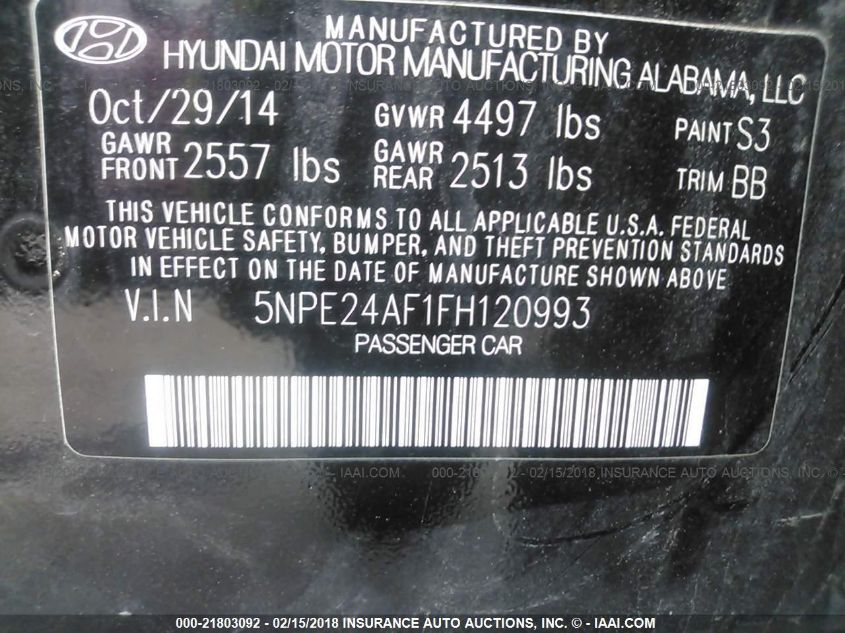2015 HYUNDAI SONATA 2.4L SE 5NPE24AF1FH120993