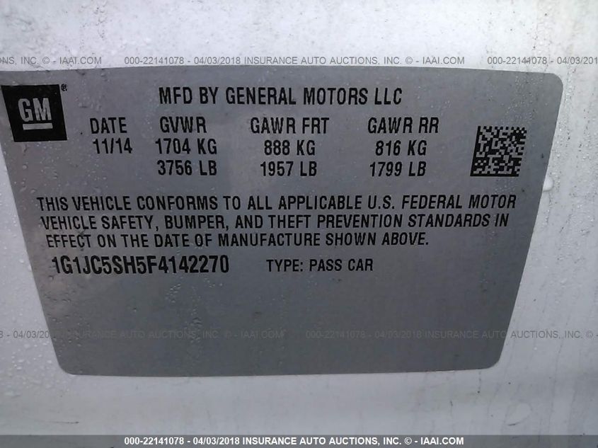 2015 CHEVROLET SONIC LT 1G1JC5SH5F4142270