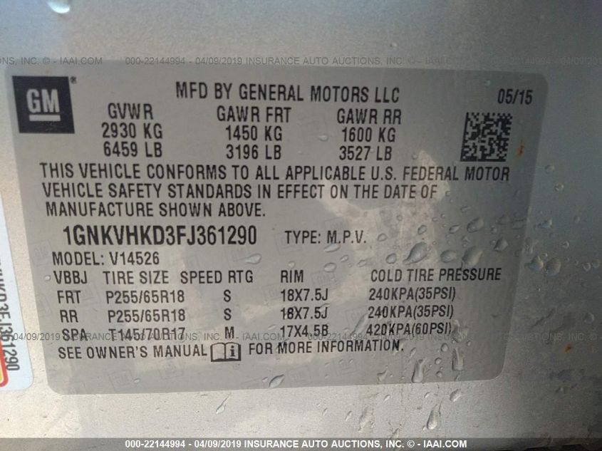 2015 CHEVROLET TRAVERSE LT 1GNKVHKD3FJ361290