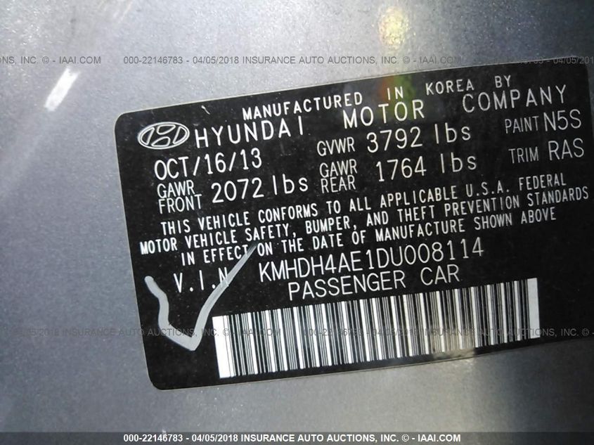 2013 HYUNDAI ELANTRA GLS KMHDH4AE1DU008114